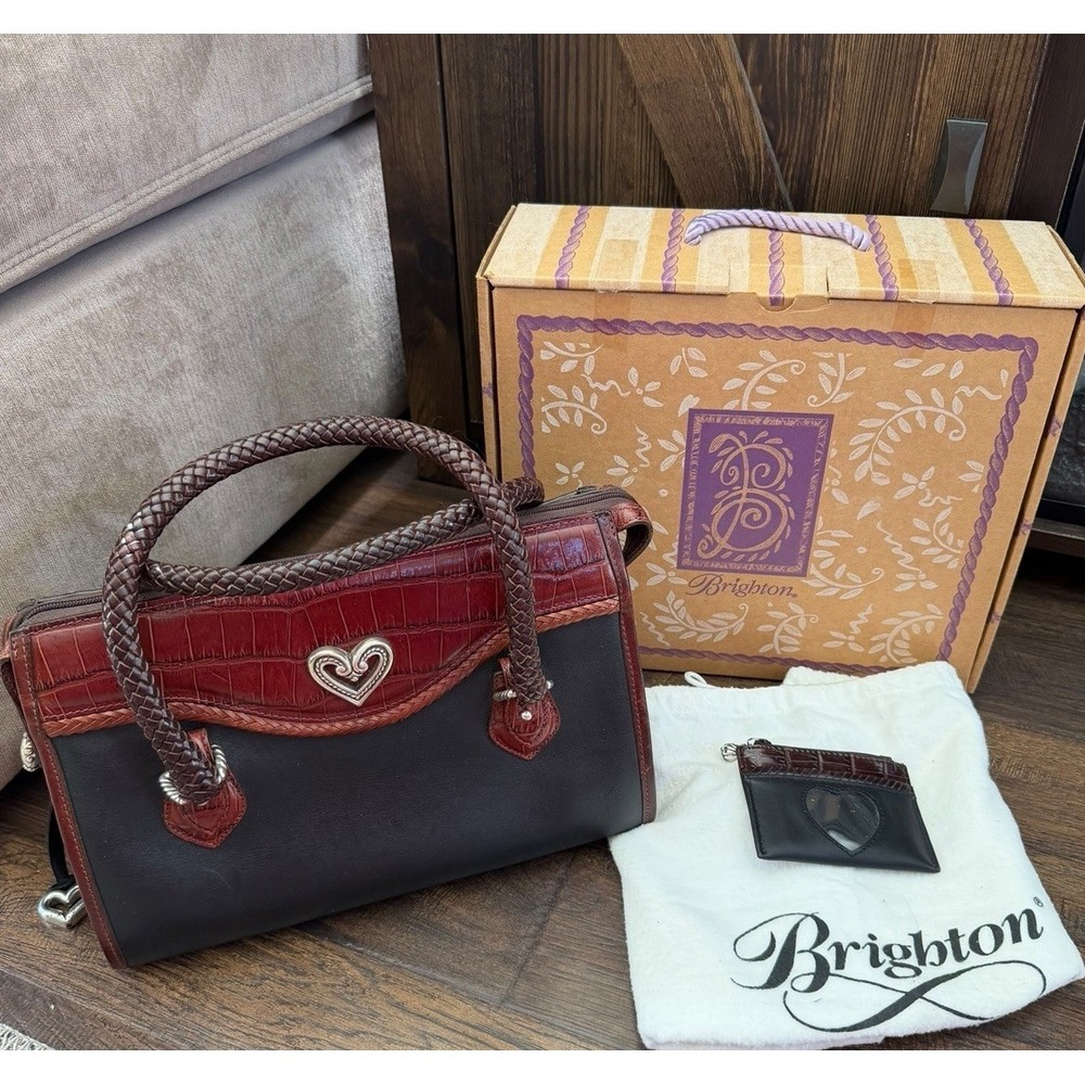 Vintage Brighton Black Brown Alligator Leather Doctor Bag Lynette Heart wallet
